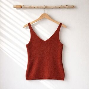 Chrysanthemum Knit Tank Top Womens Small Rust Orange V-Neck Boho Camisole Earthy